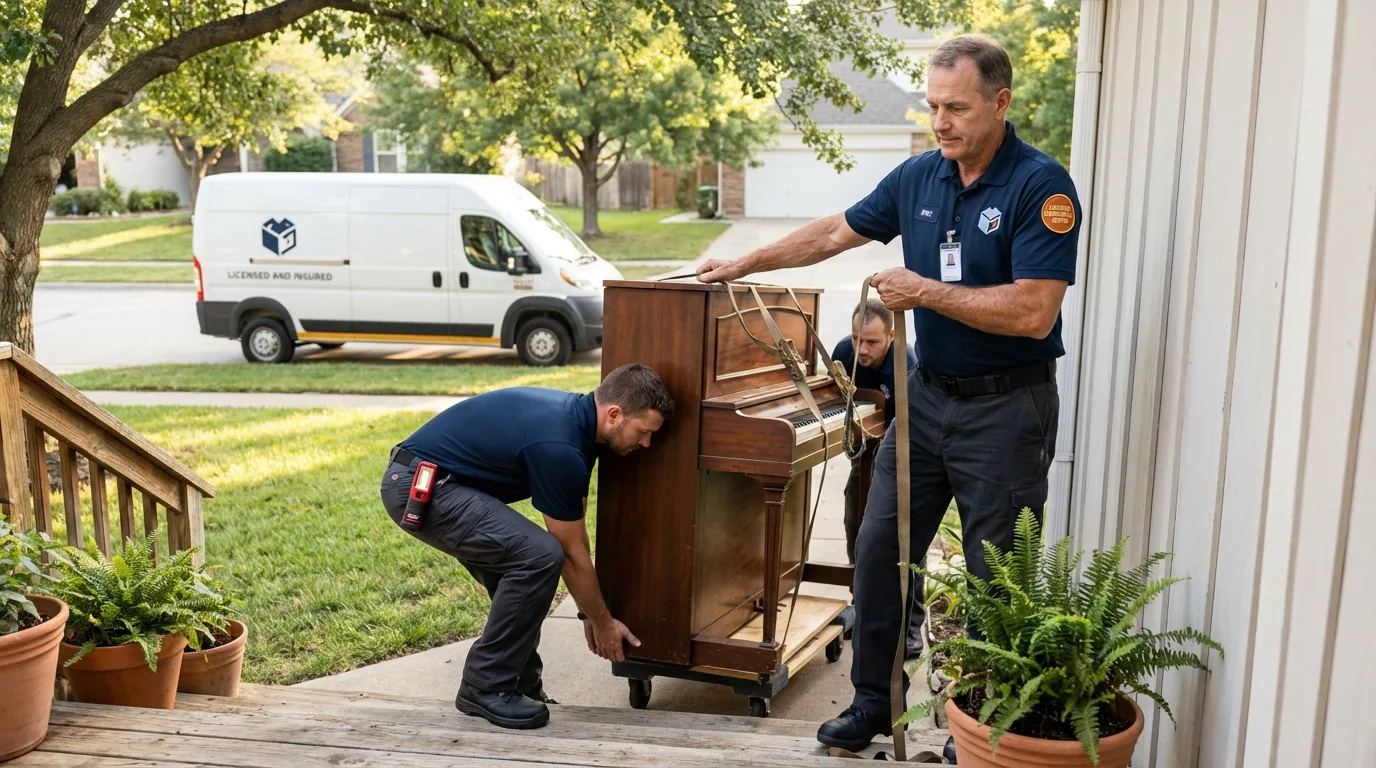 Licensed piano movers securing grand piano in Sunderland, MA