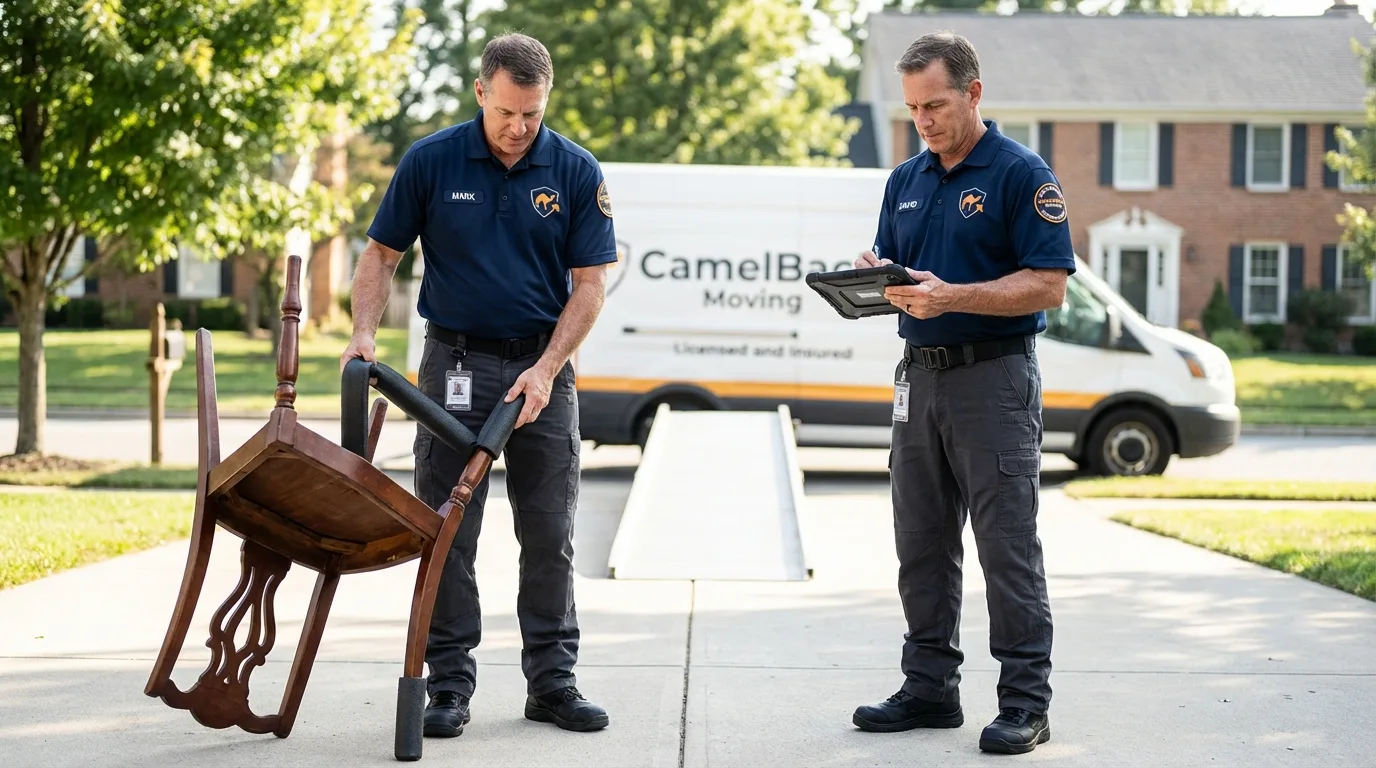 Movers inspecting furniture for damage prevention before loading in Sunderland, MA