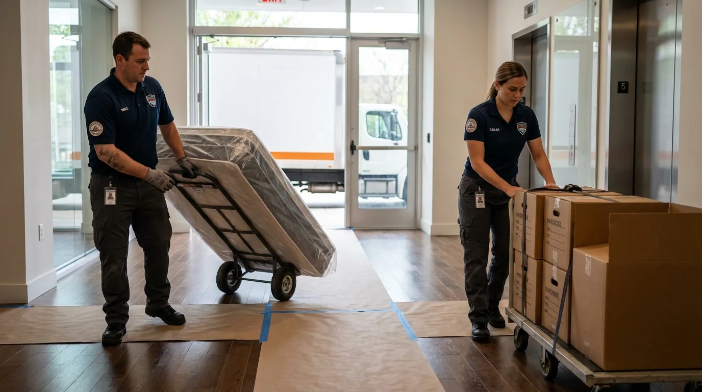 Professional apartment movers loading elevator in Sunderland, MA